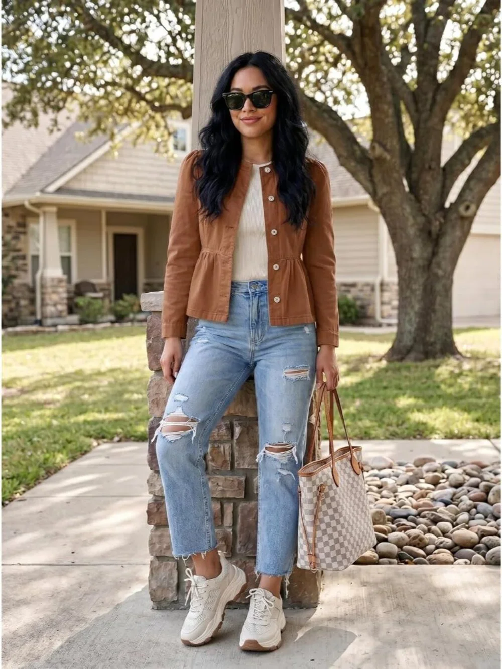 Women's Brown Button Down Long Sleeve Collarless Cinched Waist Denim Jackets